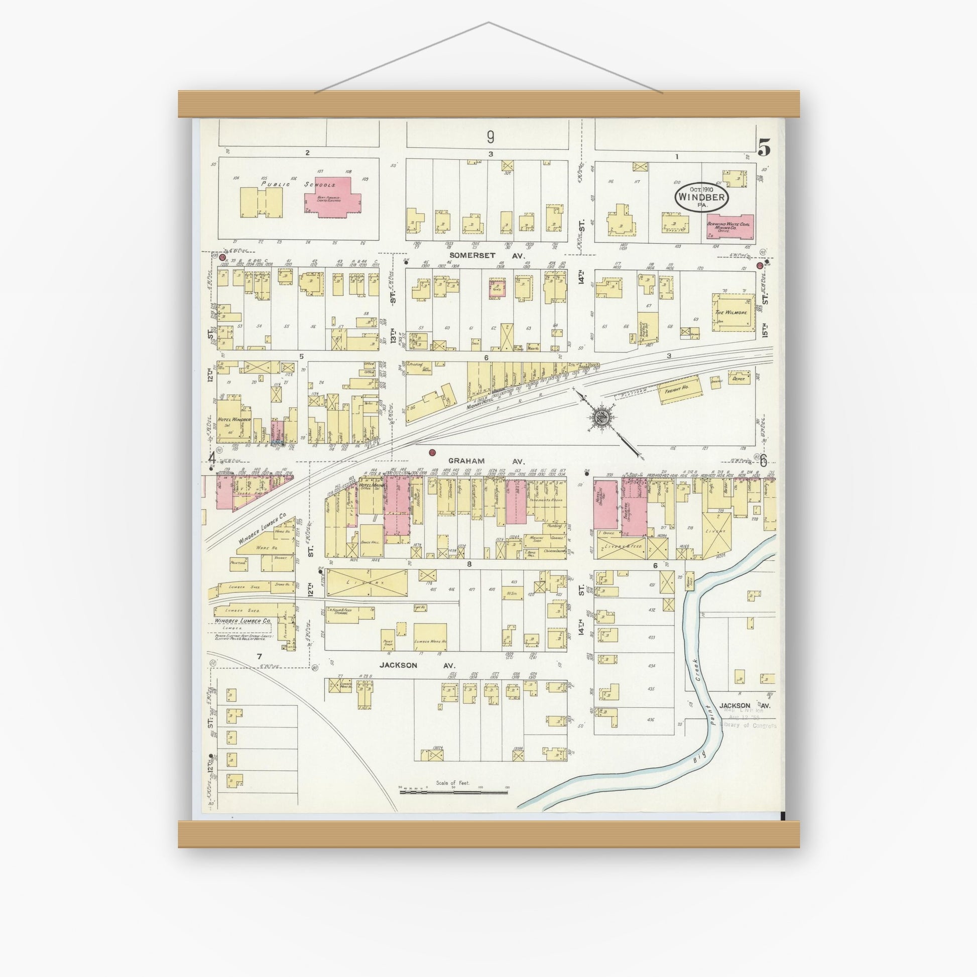 Old map wall art mockup — magnetic wood frame on white wall — Sanborn Fire Insurance Map from Windber, Somerset County, Pennsylvania (1910), Sheet #0005