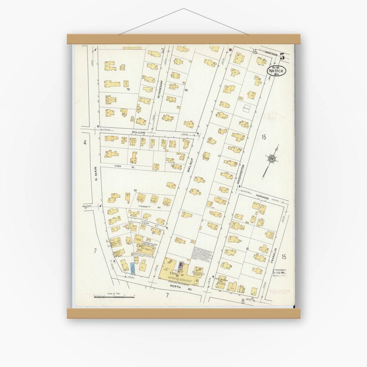 Old map wall art mockup — magnetic wood frame on white wall — Sanborn Fire Insurance Map from Natick, Middlesex County, Massachusetts (1915), Sheet #0005