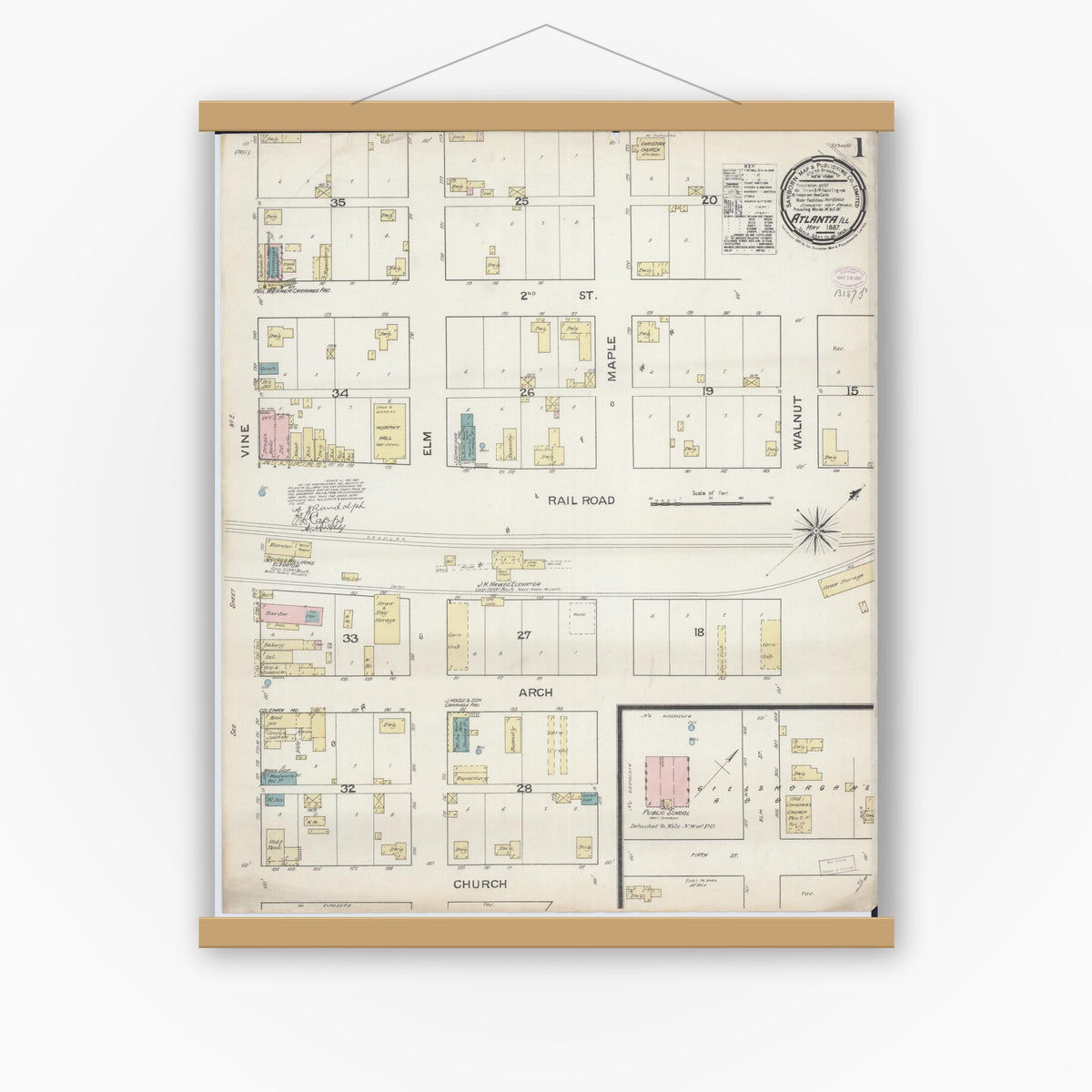 Old map wall art mockup — magnetic wood frame on white wall — Sanborn Fire Insurance Map from Atlanta, Logan County, Illinois (1887), Sheet #0001