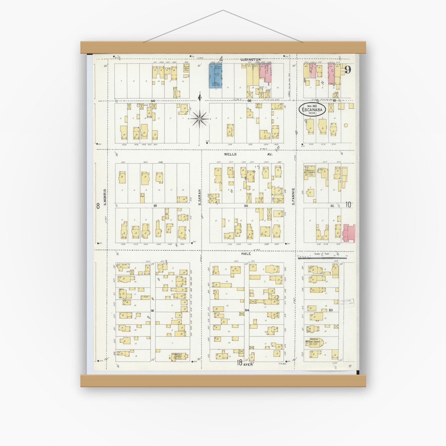 Old map wall art mockup — magnetic wood frame on white wall — Sanborn Fire Insurance Map from Escanaba, Delta County, Michigan (1906), Sheet #0009