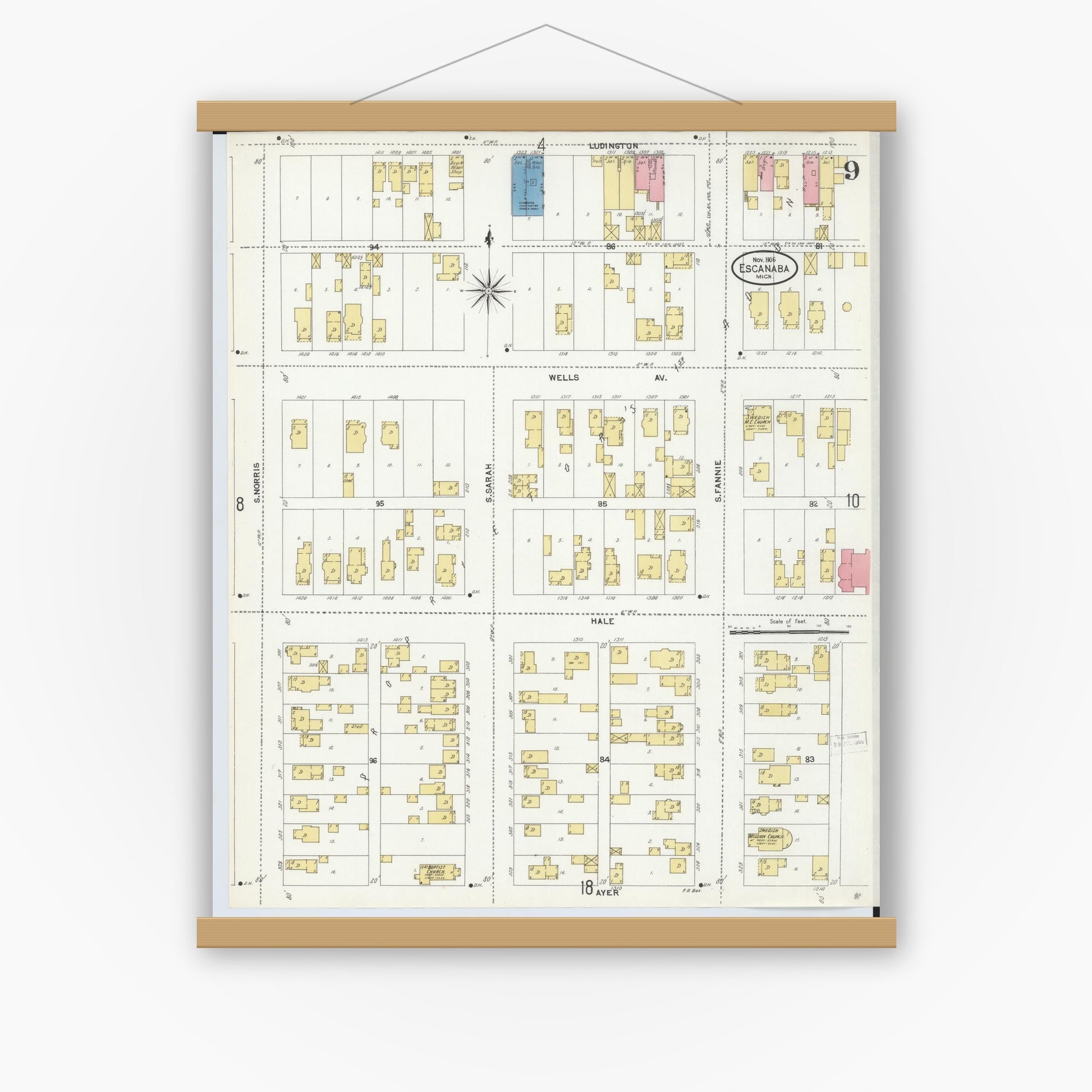 Old map wall art mockup — magnetic wood frame on white wall — Sanborn Fire Insurance Map from Escanaba, Delta County, Michigan (1906), Sheet #0009