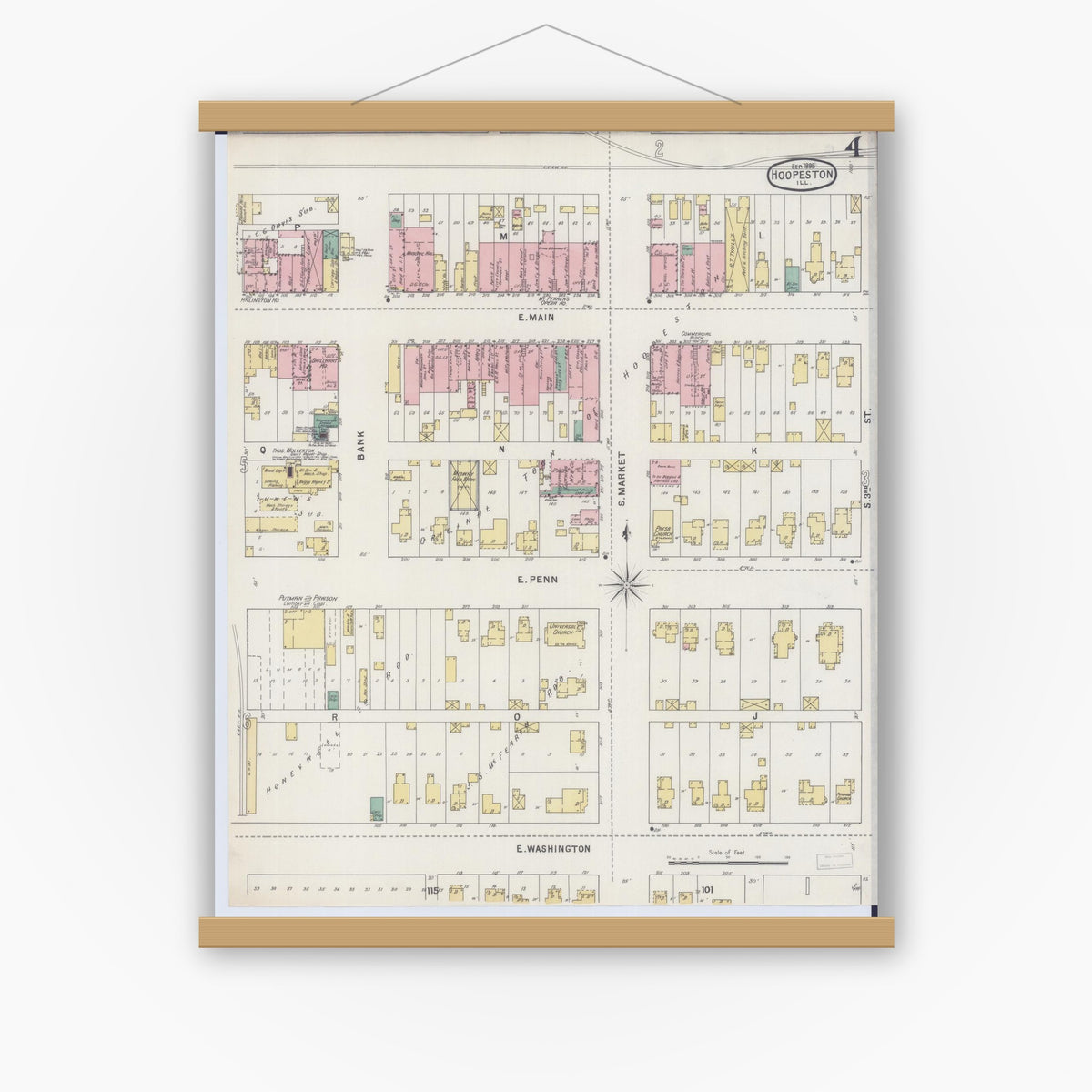 Old map wall art mockup — magnetic wood frame on white wall — Sanborn Fire Insurance Map from Hoopeston, Vermilion County, Illinois (1895), Sheet #0004