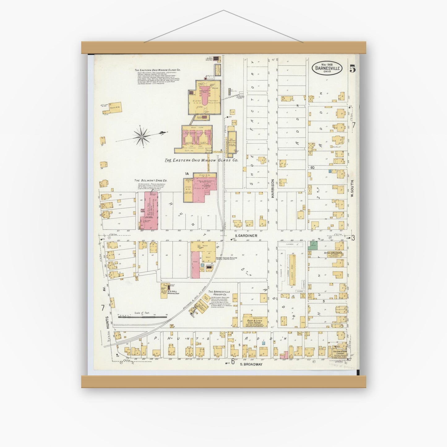 Old map wall art mockup — magnetic wood frame on white wall — Sanborn Fire Insurance Map from Barnesville, Belmont County, Ohio (1908), Sheet #0005