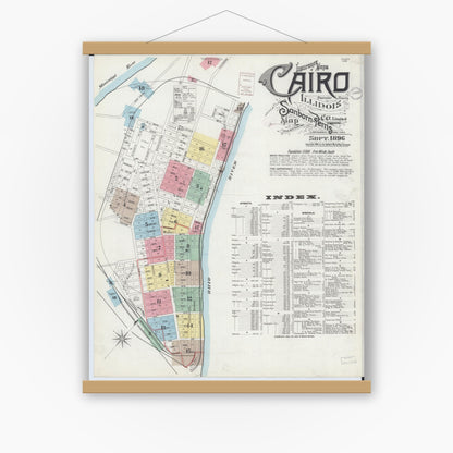 Old map wall art mockup — magnetic wood frame on white wall — Sanborn Fire Insurance Map from Cairo, Alexander County, Illinois (1896) - Complete Map Set