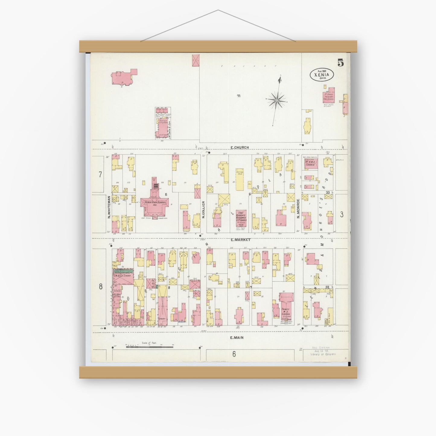 Old map wall art mockup — magnetic wood frame on white wall — Sanborn Fire Insurance Map from Xenia, Greene County, Ohio (1901), Sheet #0005