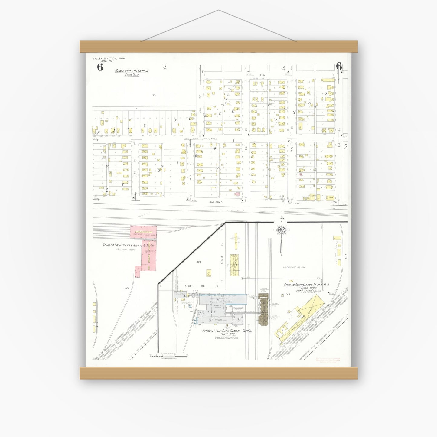 Old map wall art mockup — magnetic wood frame on white wall — Sanborn Fire Insurance Map from Valley Junction, Polk County, Iowa (1937), Sheet #0006