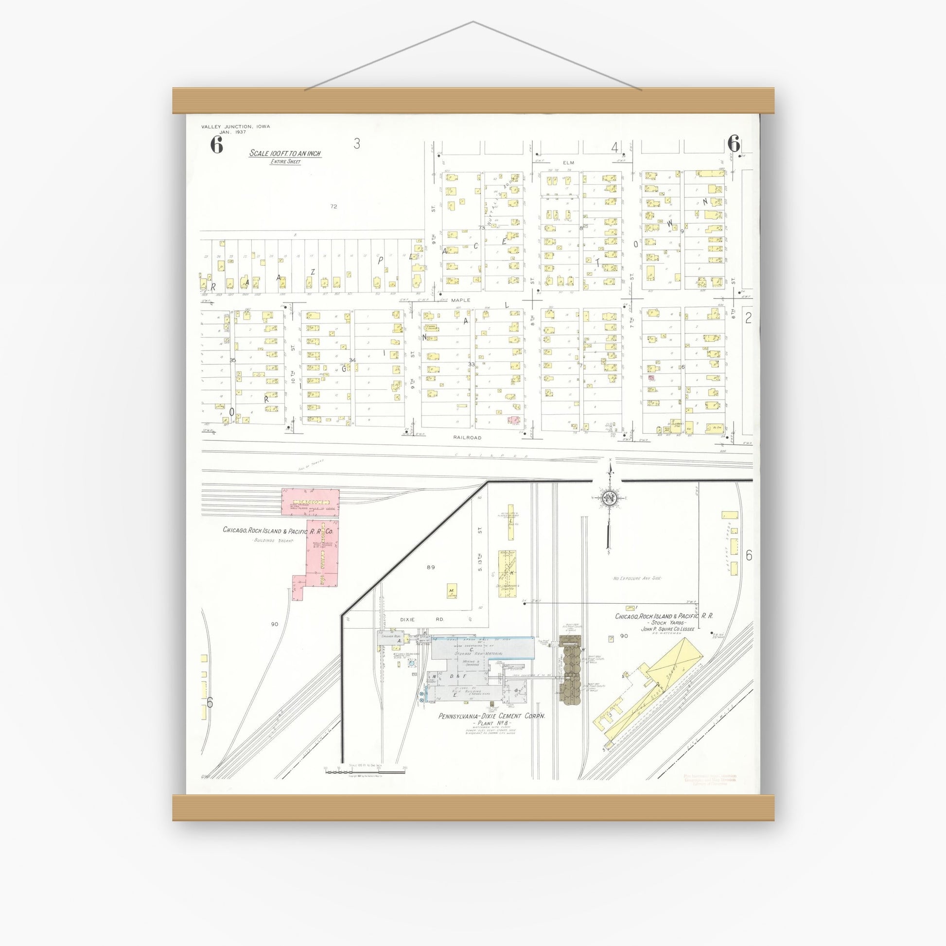 Old map wall art mockup — magnetic wood frame on white wall — Sanborn Fire Insurance Map from Valley Junction, Polk County, Iowa (1937), Sheet #0006