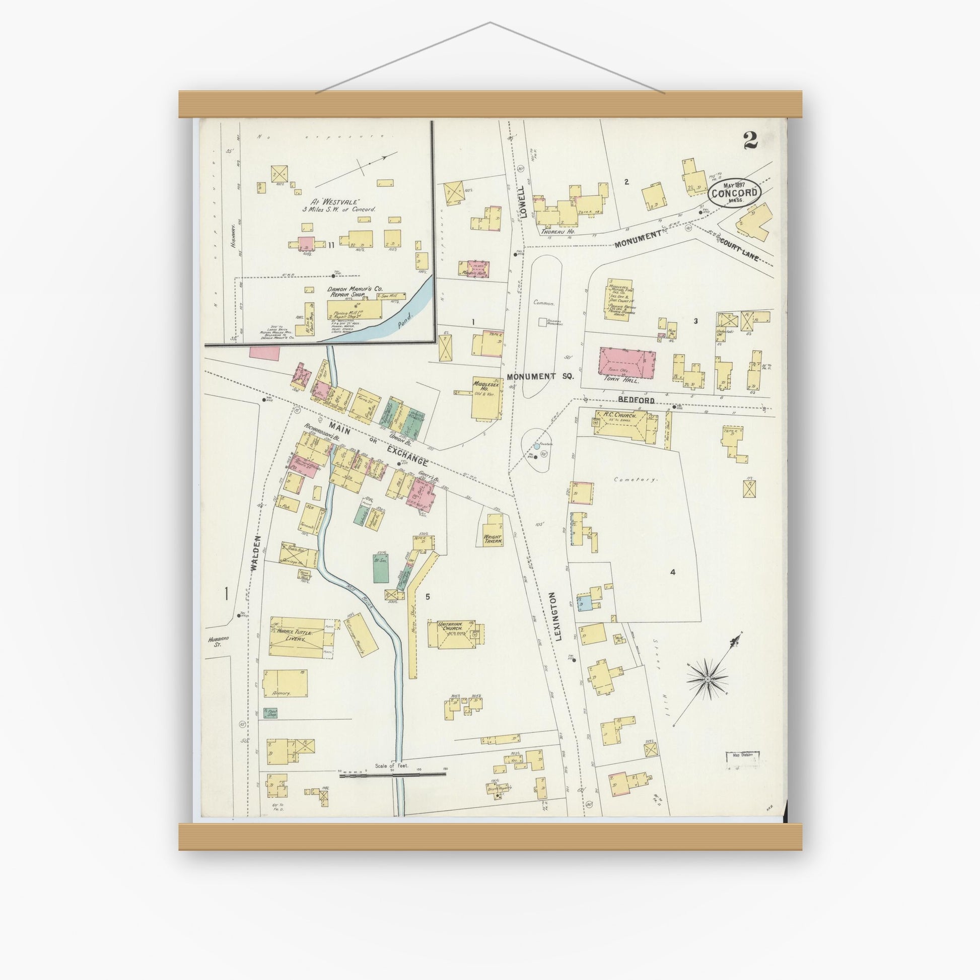 Old map wall art mockup — magnetic wood frame on white wall — Sanborn Fire Insurance Map from Concord, Middlesex County, Massachusetts (1897), Sheet #0002