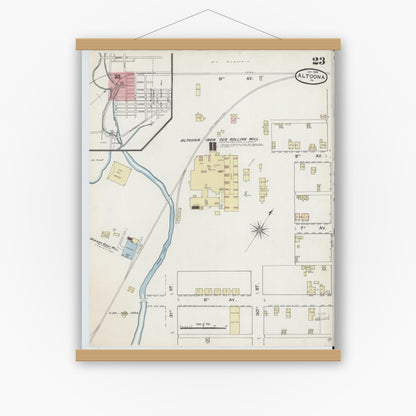 Old map wall art mockup — magnetic wood frame on white wall — Sanborn Fire Insurance Map from Altoona, Blair County, Pennsylvania (1888), Sheet #0023