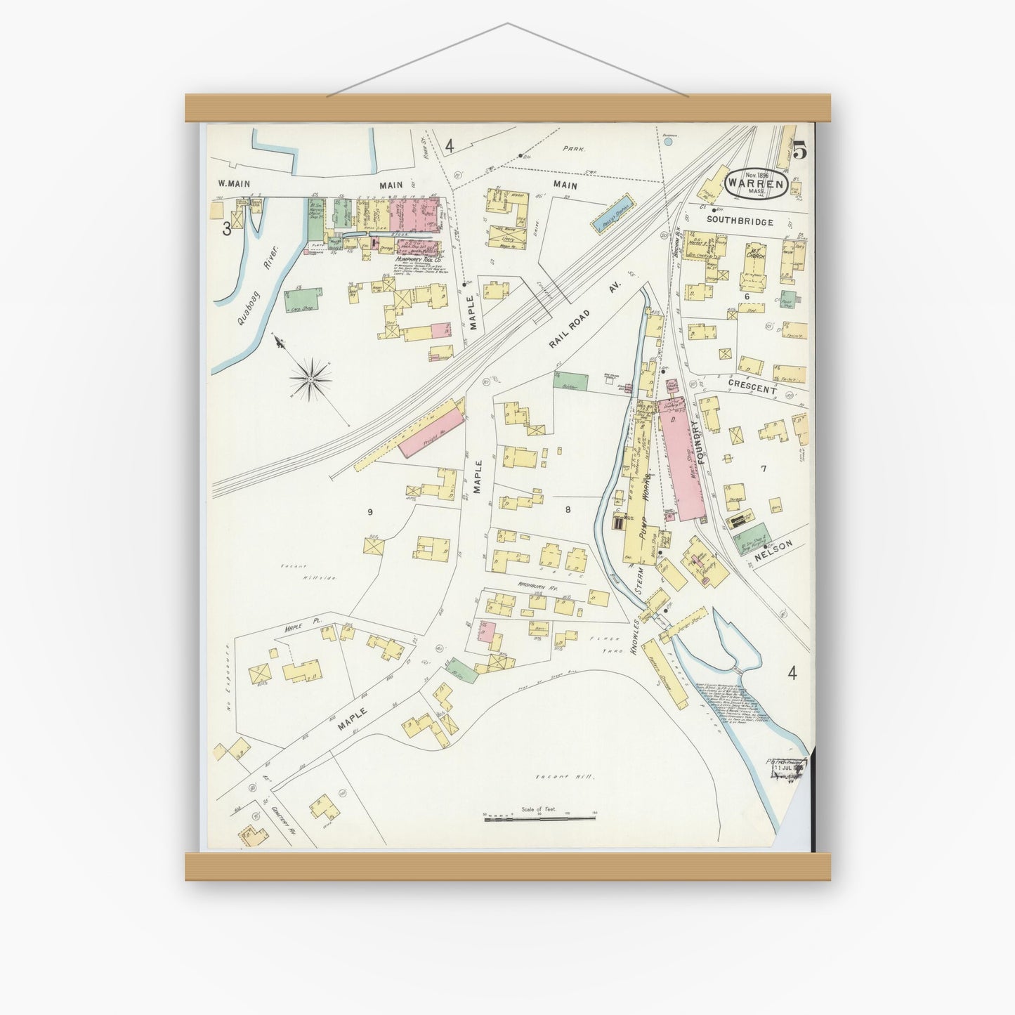 Old map wall art mockup — magnetic wood frame on white wall — Sanborn Fire Insurance Map from Warren, Worcester County, Massachusetts (1896), Sheet #0005