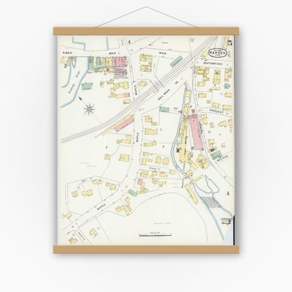 Old map wall art mockup — magnetic wood frame on white wall — Sanborn Fire Insurance Map from Warren, Worcester County, Massachusetts (1896), Sheet #0005