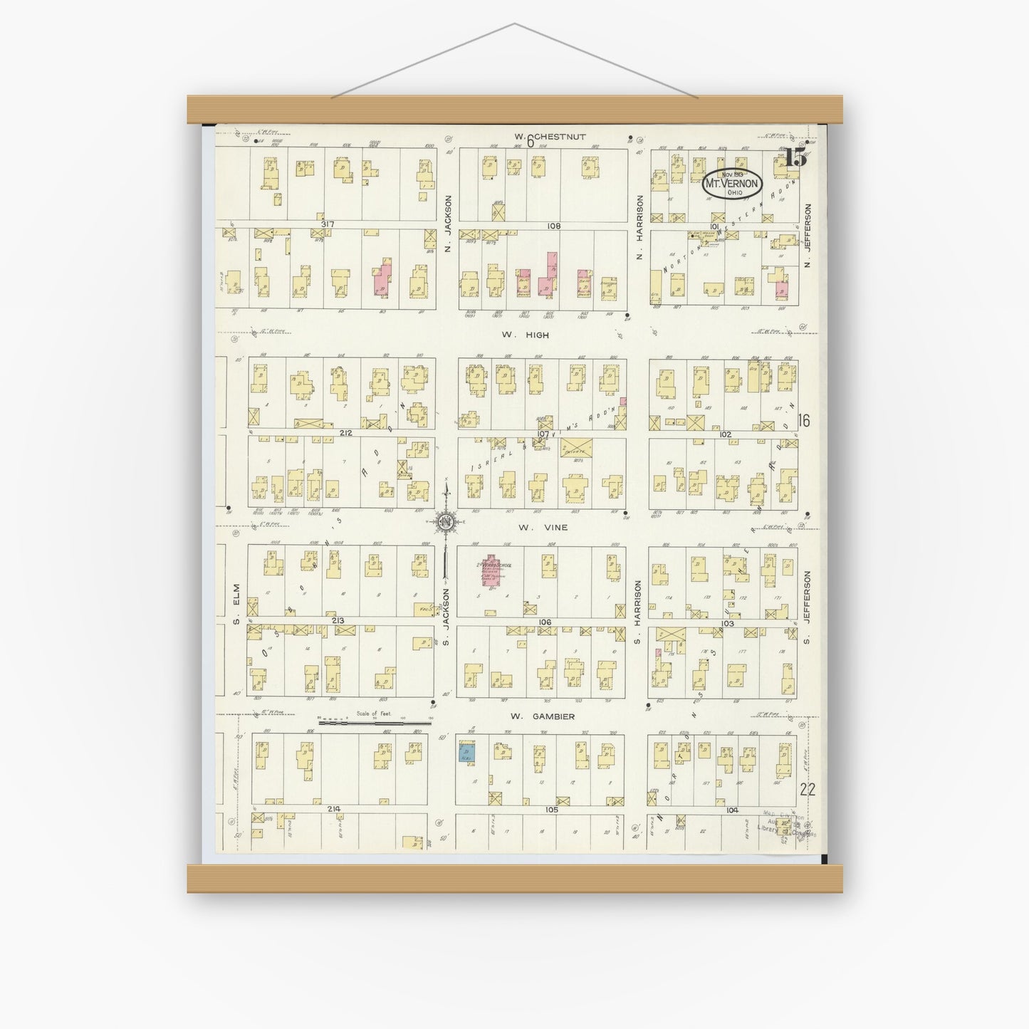 Old map wall art mockup — magnetic wood frame on white wall — Sanborn Fire Insurance Map from Mount Vernon, Knox County, Ohio (1913), Sheet #0015