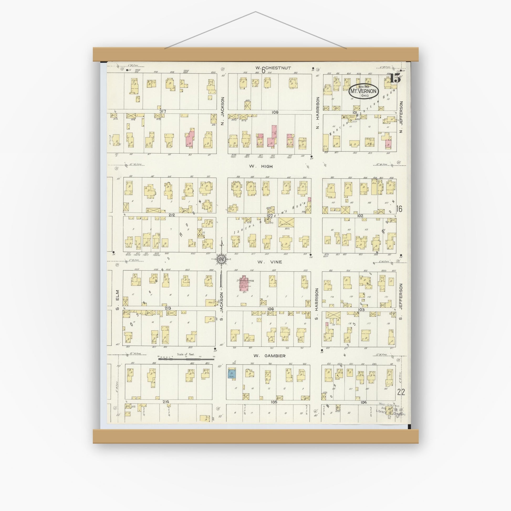 Old map wall art mockup — magnetic wood frame on white wall — Sanborn Fire Insurance Map from Mount Vernon, Knox County, Ohio (1913), Sheet #0015