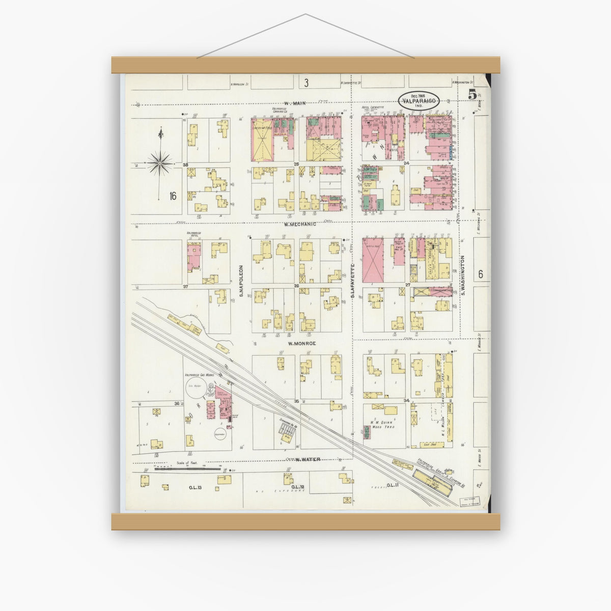 Old map wall art mockup — magnetic wood frame on white wall — Sanborn Fire Insurance Map from Valparaiso, Porter County, Indiana (1905), Sheet #0005