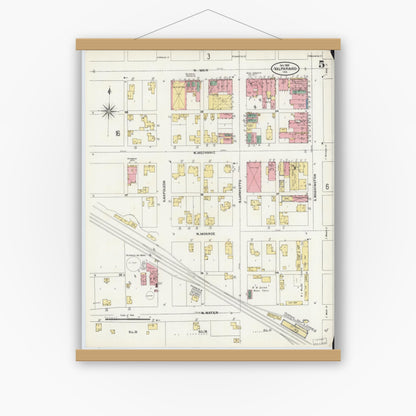 Old map wall art mockup — magnetic wood frame on white wall — Sanborn Fire Insurance Map from Valparaiso, Porter County, Indiana (1905), Sheet #0005