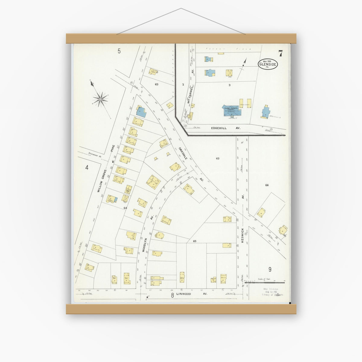 Old map wall art mockup — magnetic wood frame on white wall — Sanborn Fire Insurance Map from Glenside, Montgomery County, Pennsylvania (1909), Sheet #0007