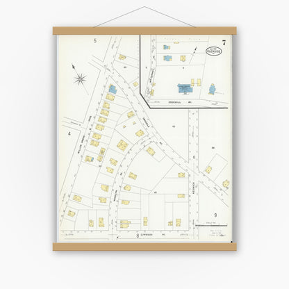 Old map wall art mockup — magnetic wood frame on white wall — Sanborn Fire Insurance Map from Glenside, Montgomery County, Pennsylvania (1909), Sheet #0007