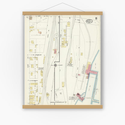 Old map wall art mockup — magnetic wood frame on white wall — Sanborn Fire Insurance Map from Merrill, Lincoln County, Wisconsin (1913), Sheet #0008