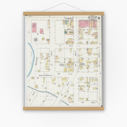 Old map wall art mockup — magnetic wood frame on white wall — Sanborn Fire Insurance Map from Saint Cloud, Stearns, Benton, and Sherburne Counties, Minnesota (1893), Sheet #0006
