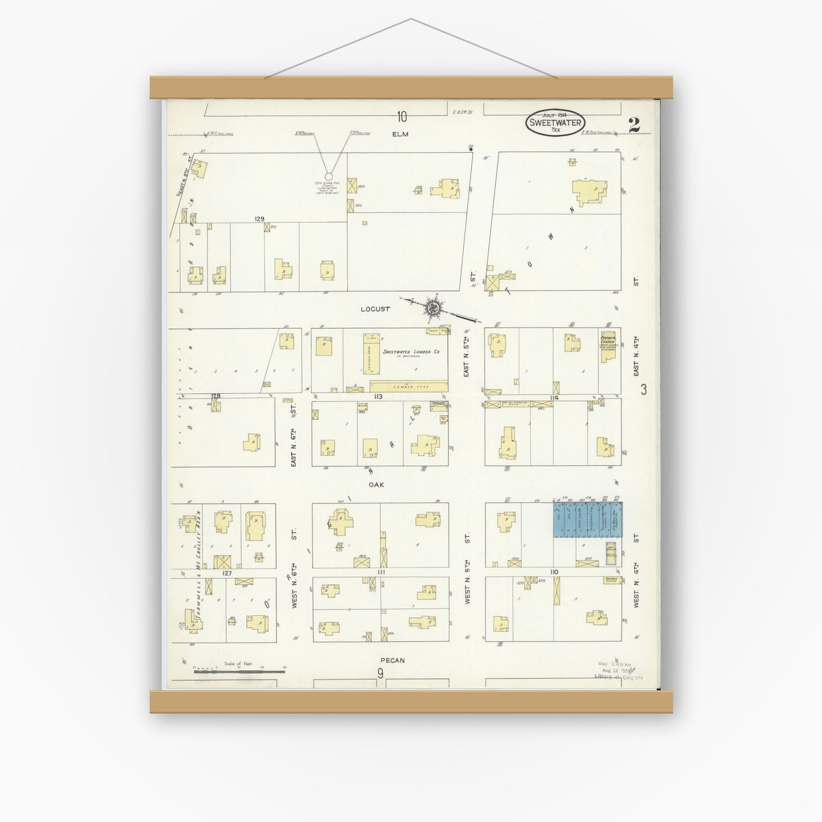 Old map wall art mockup — magnetic wood frame on white wall — Sanborn Fire Insurance Map from Sweetwater, Nolan County, Texas (1914), Sheet #0002