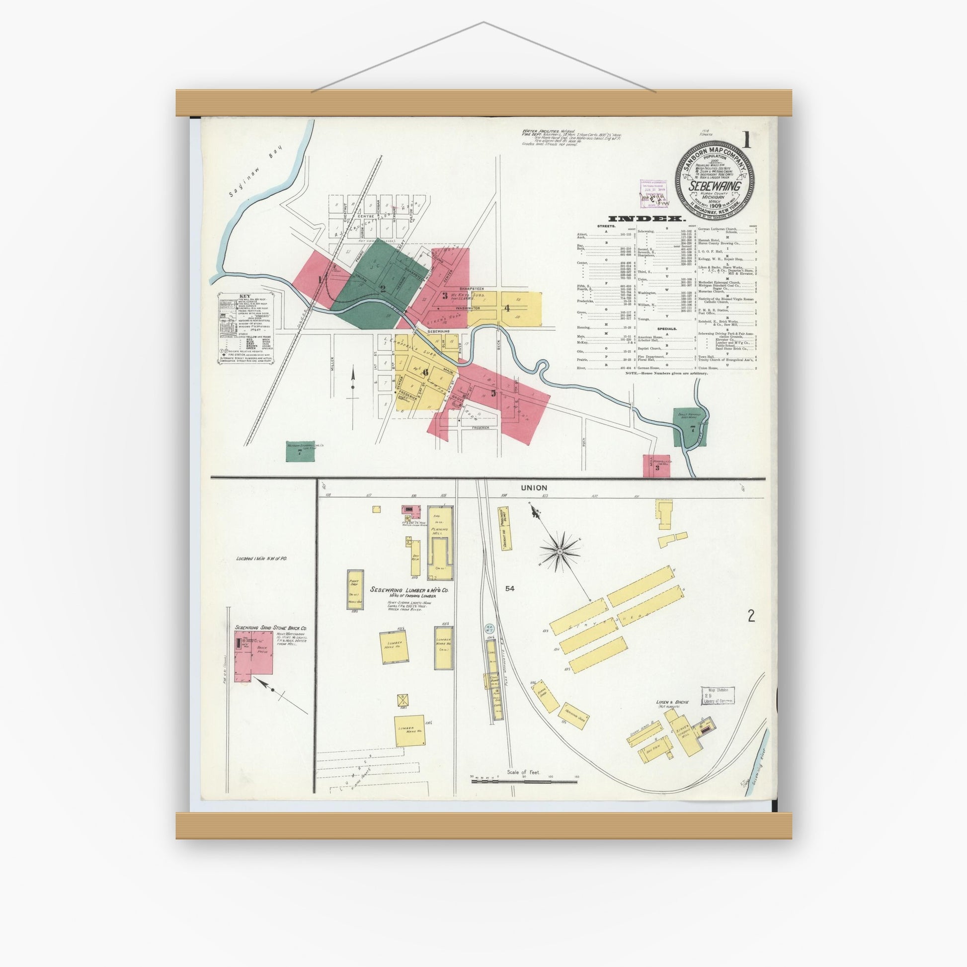 Old map wall art mockup — magnetic wood frame on white wall — Sanborn Fire Insurance Map from Sebewaing, Huron County, Michigan (1909), Sheet #0001