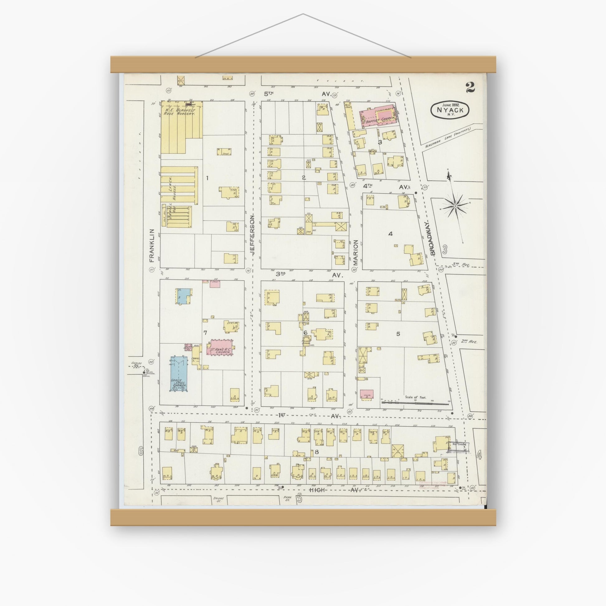 Old map wall art mockup — magnetic wood frame on white wall — Sanborn Fire Insurance Map from Nyack, Rockland County, New York. (1892), Sheet #0002