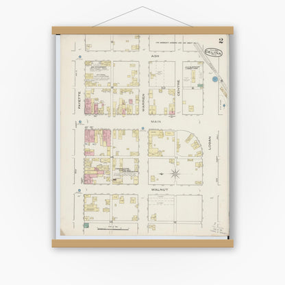 Old map wall art mockup — magnetic wood frame on white wall — Sanborn Fire Insurance Map from Celina, Mercer County, Ohio (1885), Sheet #0002