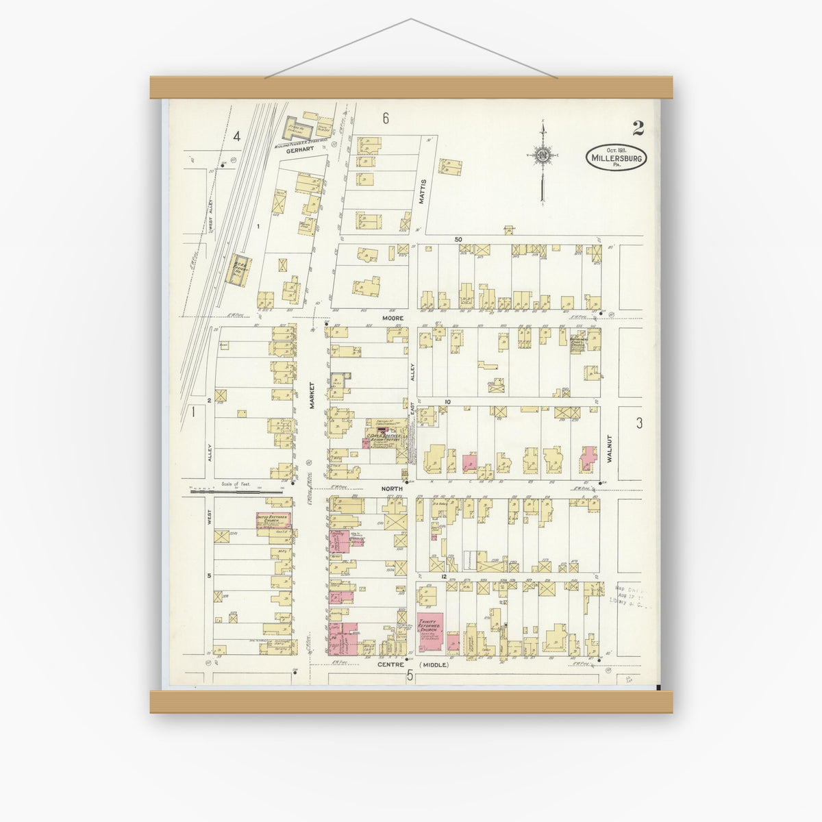 Old map wall art mockup — magnetic wood frame on white wall — Sanborn Fire Insurance Map from Millersburg, Dauphin County, Pennsylvania (1911), Sheet #0002