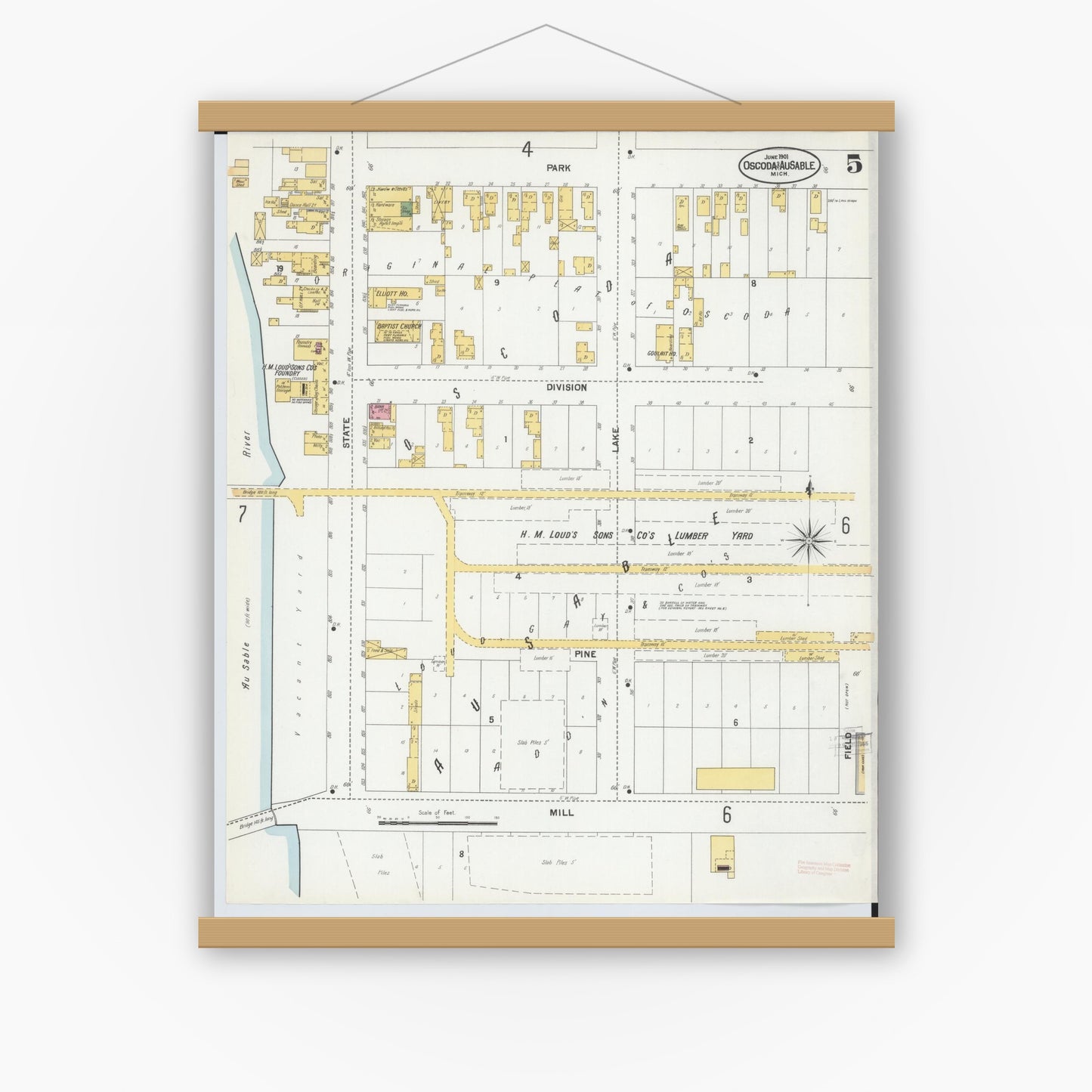 Old map wall art mockup — magnetic wood frame on white wall — Sanborn Fire Insurance Map from Oscoda, Iosco County, Michigan (1901), Sheet #0005
