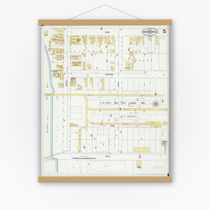 Old map wall art mockup — magnetic wood frame on white wall — Sanborn Fire Insurance Map from Oscoda, Iosco County, Michigan (1901), Sheet #0005