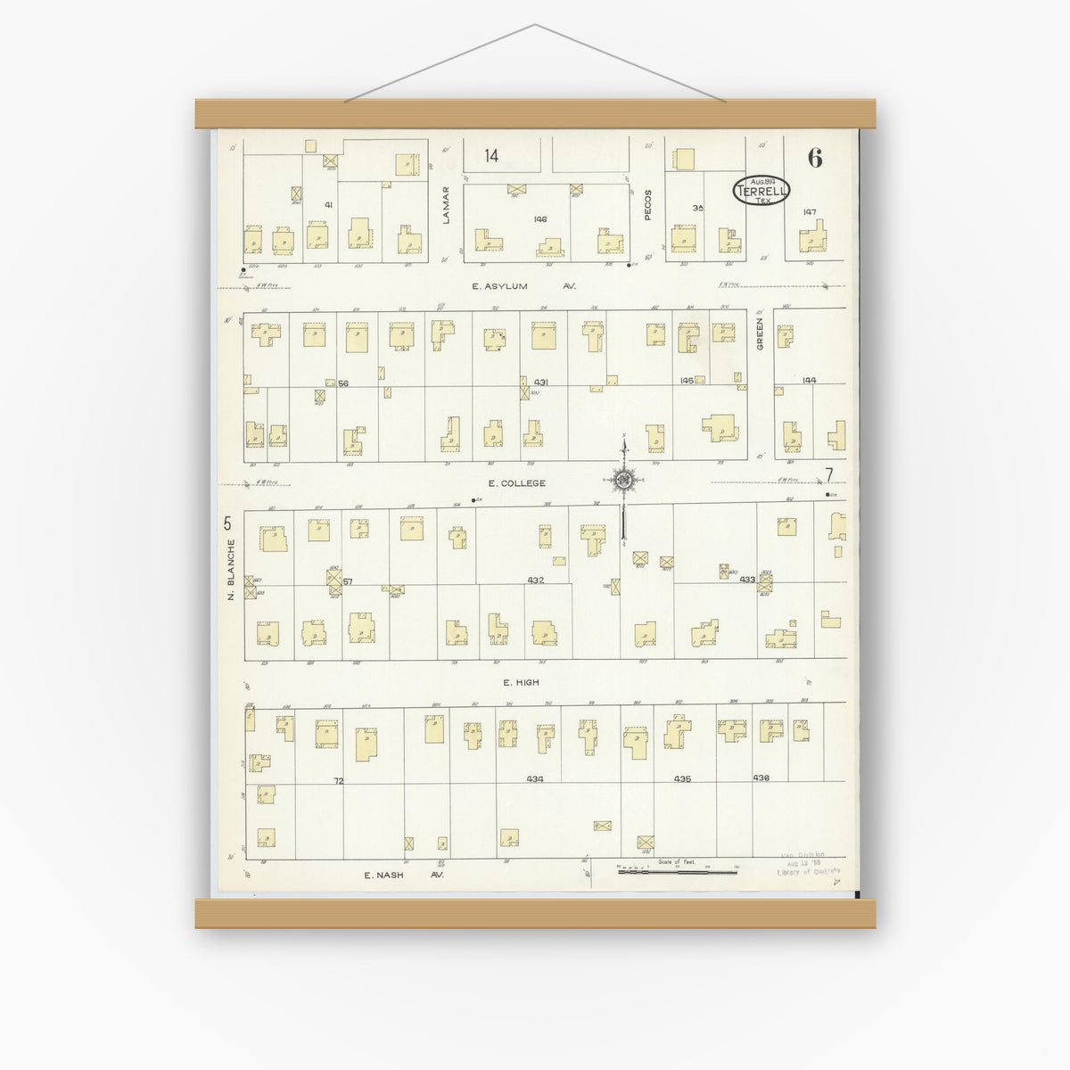 Old map wall art mockup — magnetic wood frame on white wall — Sanborn Fire Insurance Map from Terrell, Kaufman County, Texas (1914), Sheet #0006