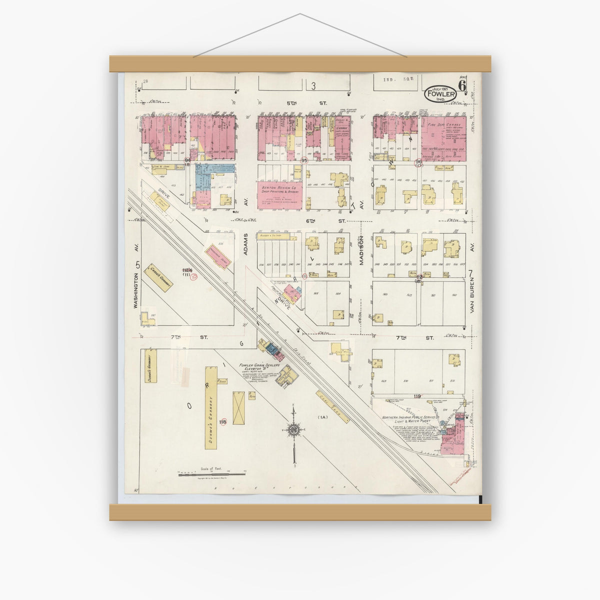 Old map wall art mockup — magnetic wood frame on white wall — Sanborn Fire Insurance Map from Fowler, Benton County, Indiana (1932), Sheet #0006