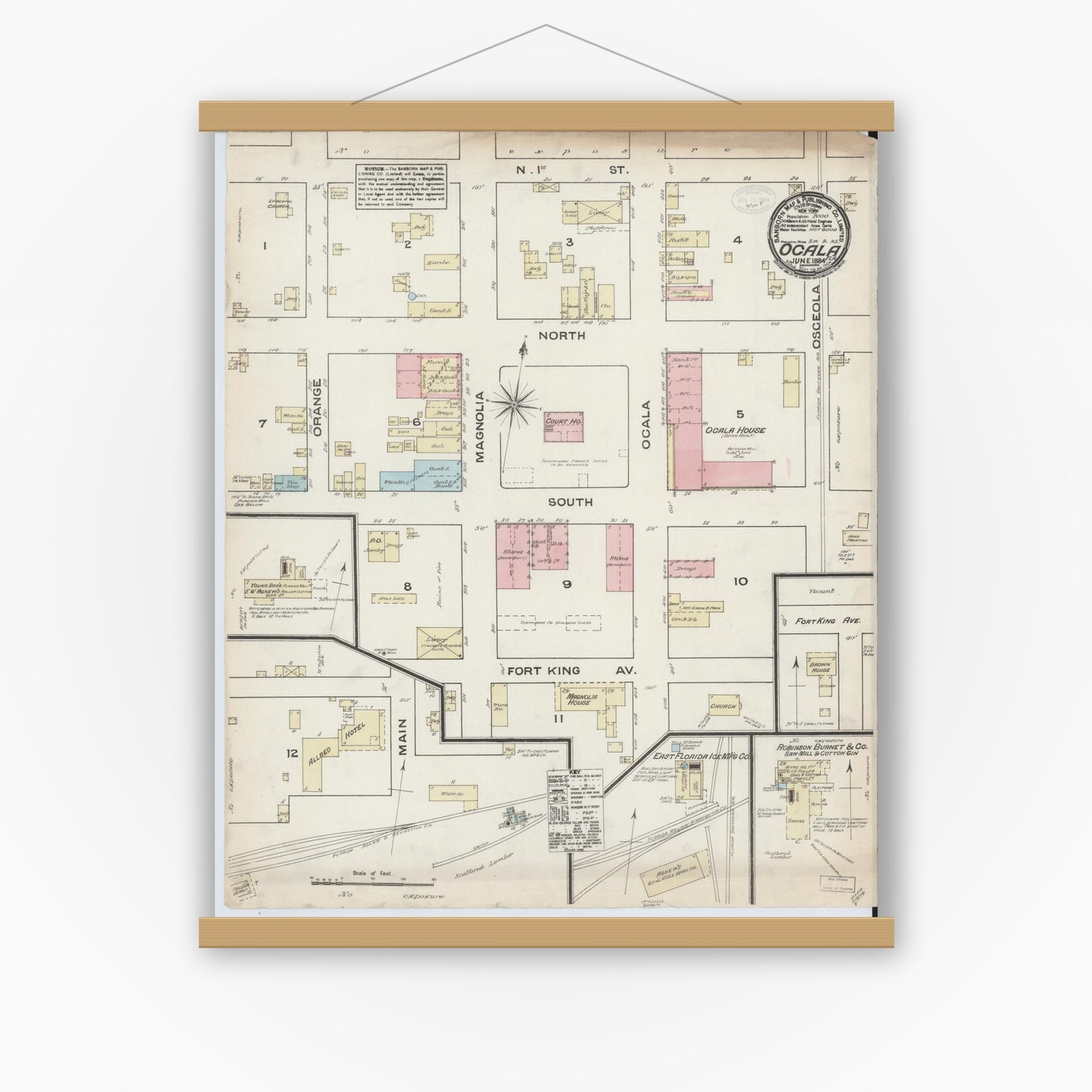Old map wall art mockup — magnetic wood frame on white wall — Sanborn Fire Insurance Map from Ocala, Marion County, Florida (1884), Sheet #0001