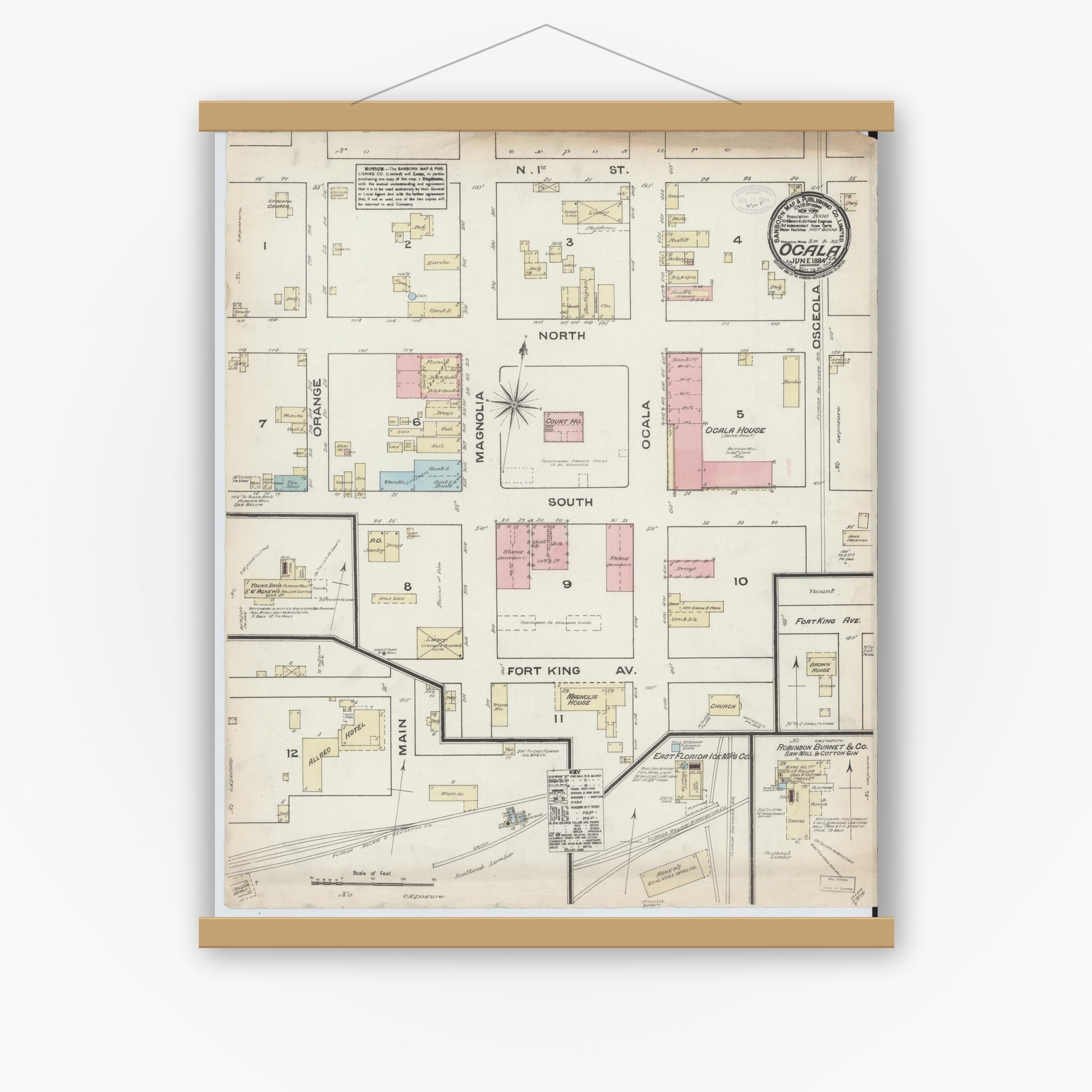 Old map wall art mockup — magnetic wood frame on white wall — Sanborn Fire Insurance Map from Ocala, Marion County, Florida (1884), Sheet #0001