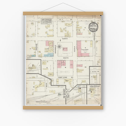 Old map wall art mockup — magnetic wood frame on white wall — Sanborn Fire Insurance Map from Ocala, Marion County, Florida (1884), Sheet #0001
