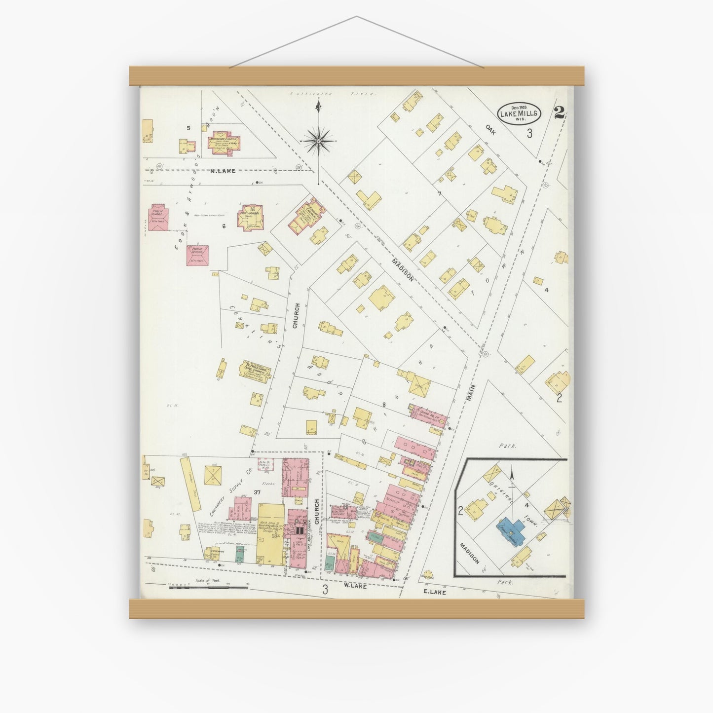 Old map wall art mockup — magnetic wood frame on white wall — Sanborn Fire Insurance Map from Lake Mills, Jefferson County, Wisconsin (1903), Sheet #0002