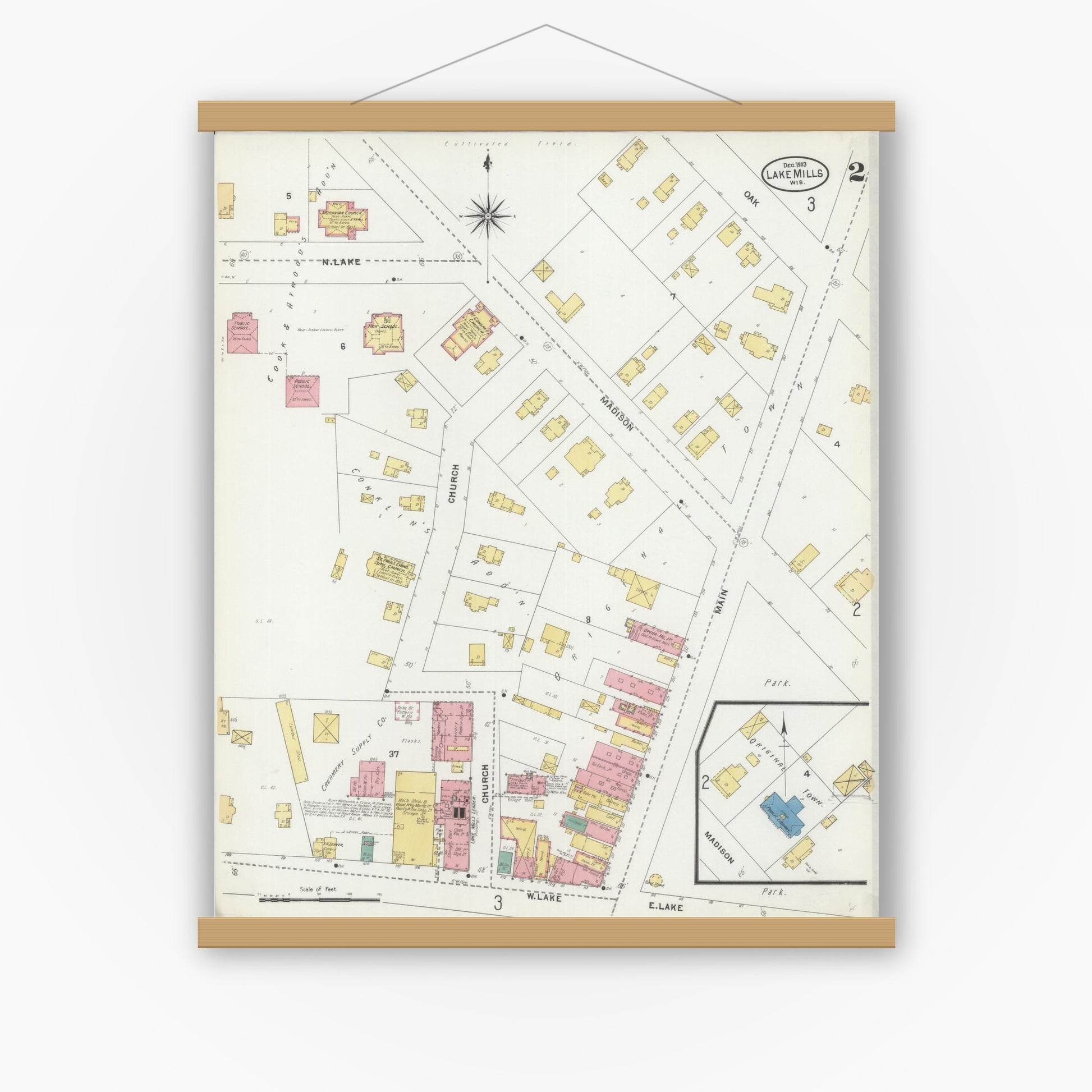 Old map wall art mockup — magnetic wood frame on white wall — Sanborn Fire Insurance Map from Lake Mills, Jefferson County, Wisconsin (1903), Sheet #0002