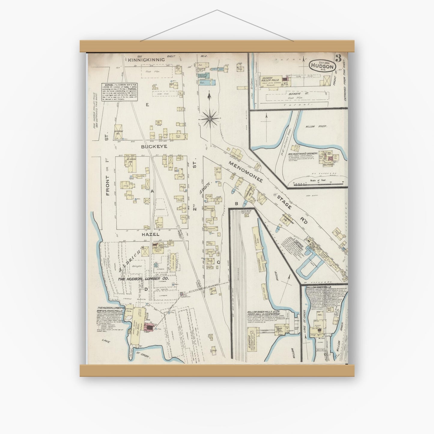 Old map wall art mockup — magnetic wood frame on white wall — Sanborn Fire Insurance Map from Hudson, St. Croix County, Wisconsin (1884), Sheet #0003