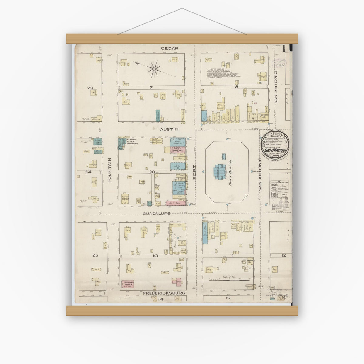 Old map wall art mockup — magnetic wood frame on white wall — Sanborn Fire Insurance Map from San Marcos, Hays County, Texas (1885) - Complete Map Set