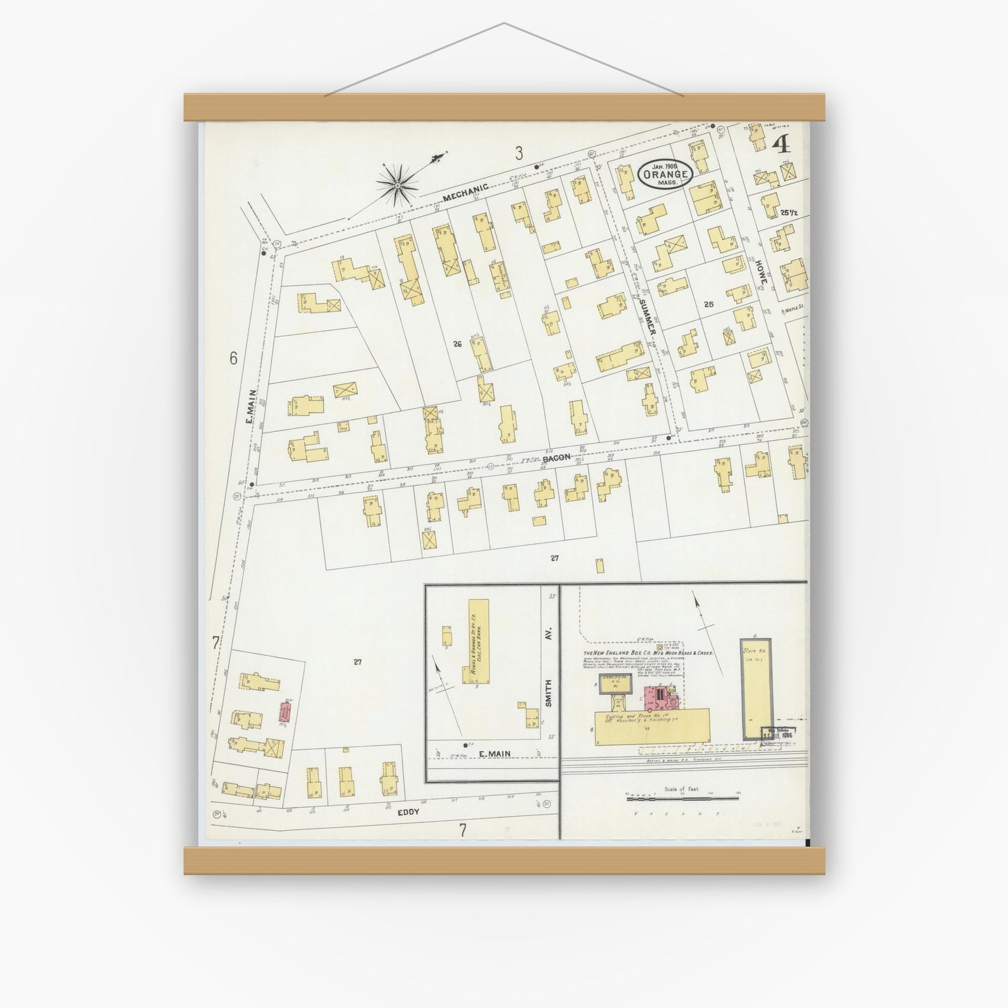 Old map wall art mockup — magnetic wood frame on white wall — Sanborn Fire Insurance Map from Orange, Franklin County, Massachusetts (1905), Sheet #0004