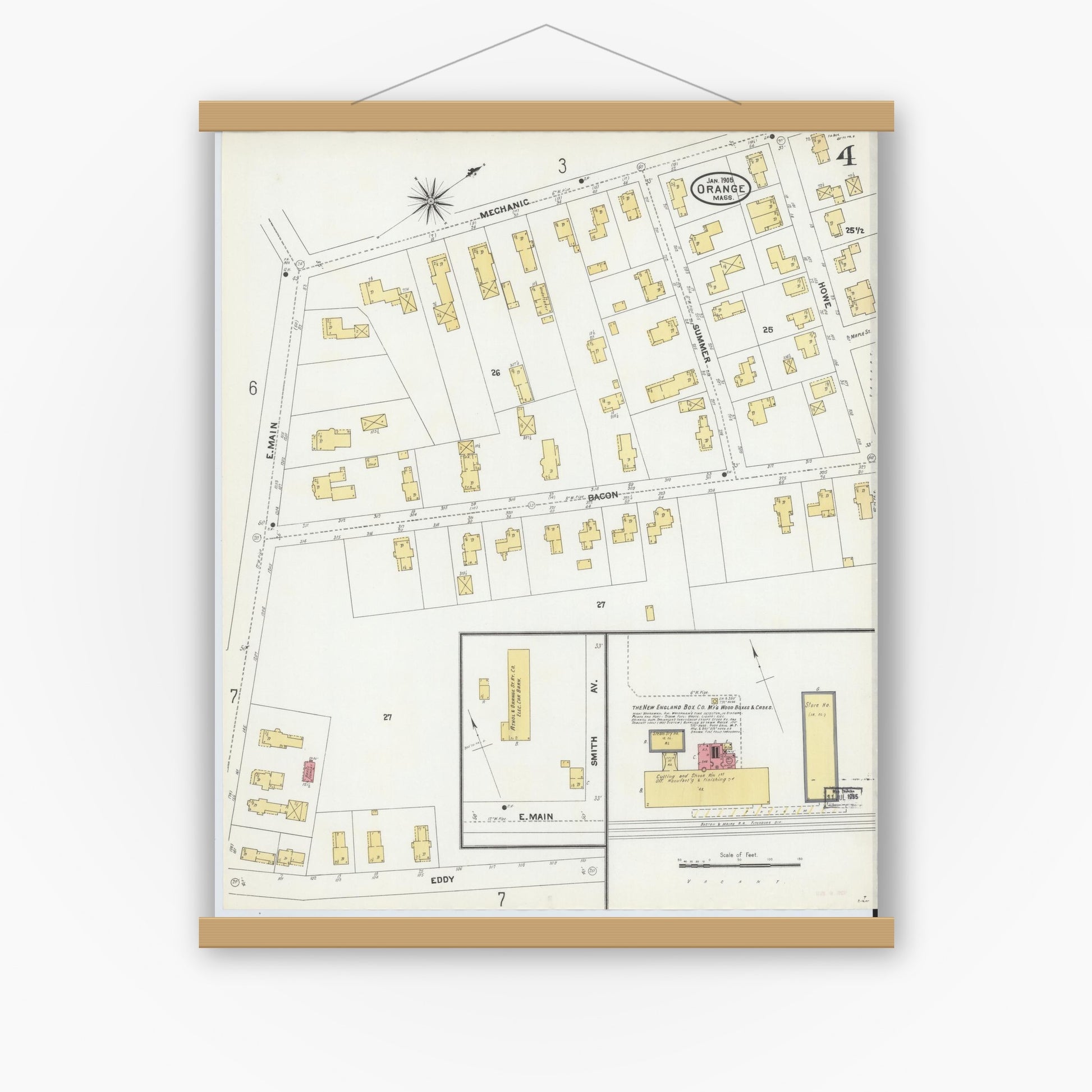 Old map wall art mockup — magnetic wood frame on white wall — Sanborn Fire Insurance Map from Orange, Franklin County, Massachusetts (1905), Sheet #0004