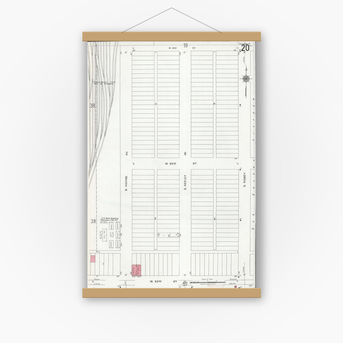 Old map wall art mockup — magnetic wood frame on white wall — Sanborn Fire Insurance Map from Chicago, Cook County, Illinois (1920), Sheet #0020