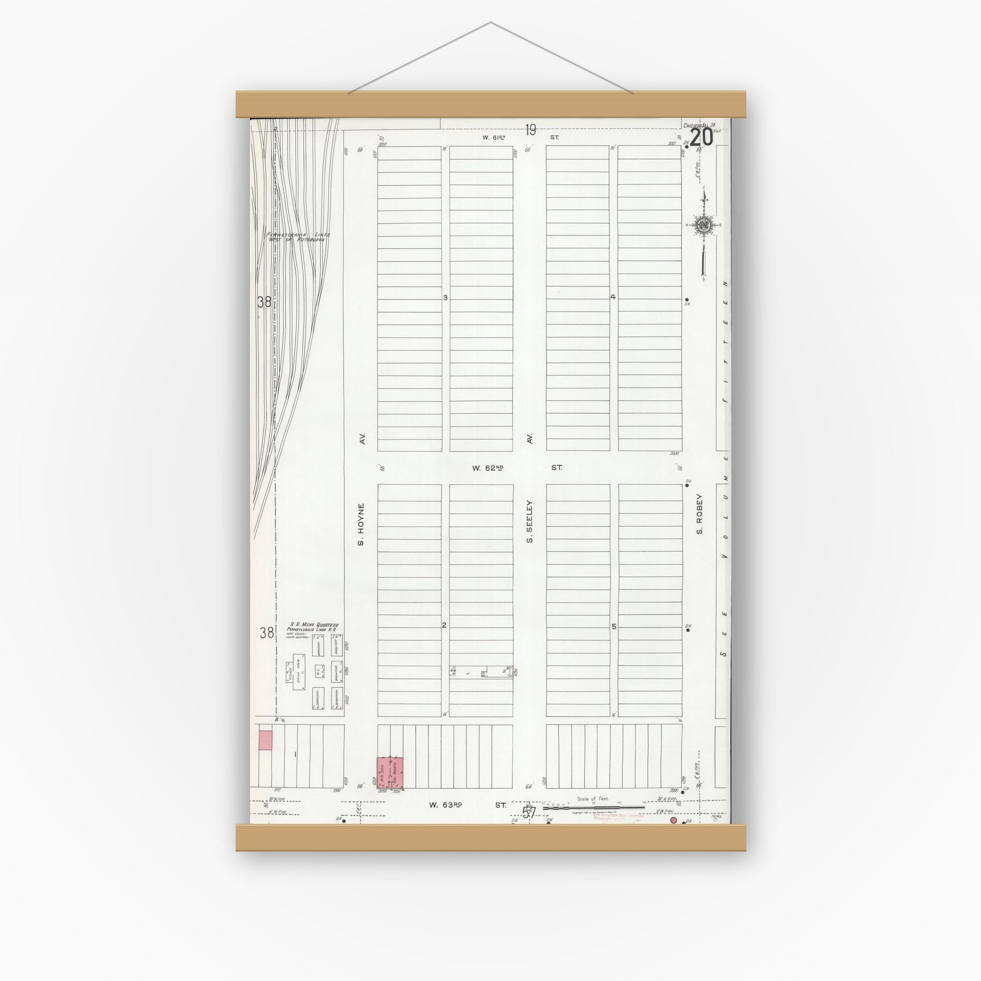 Old map wall art mockup — magnetic wood frame on white wall — Sanborn Fire Insurance Map from Chicago, Cook County, Illinois (1920), Sheet #0020