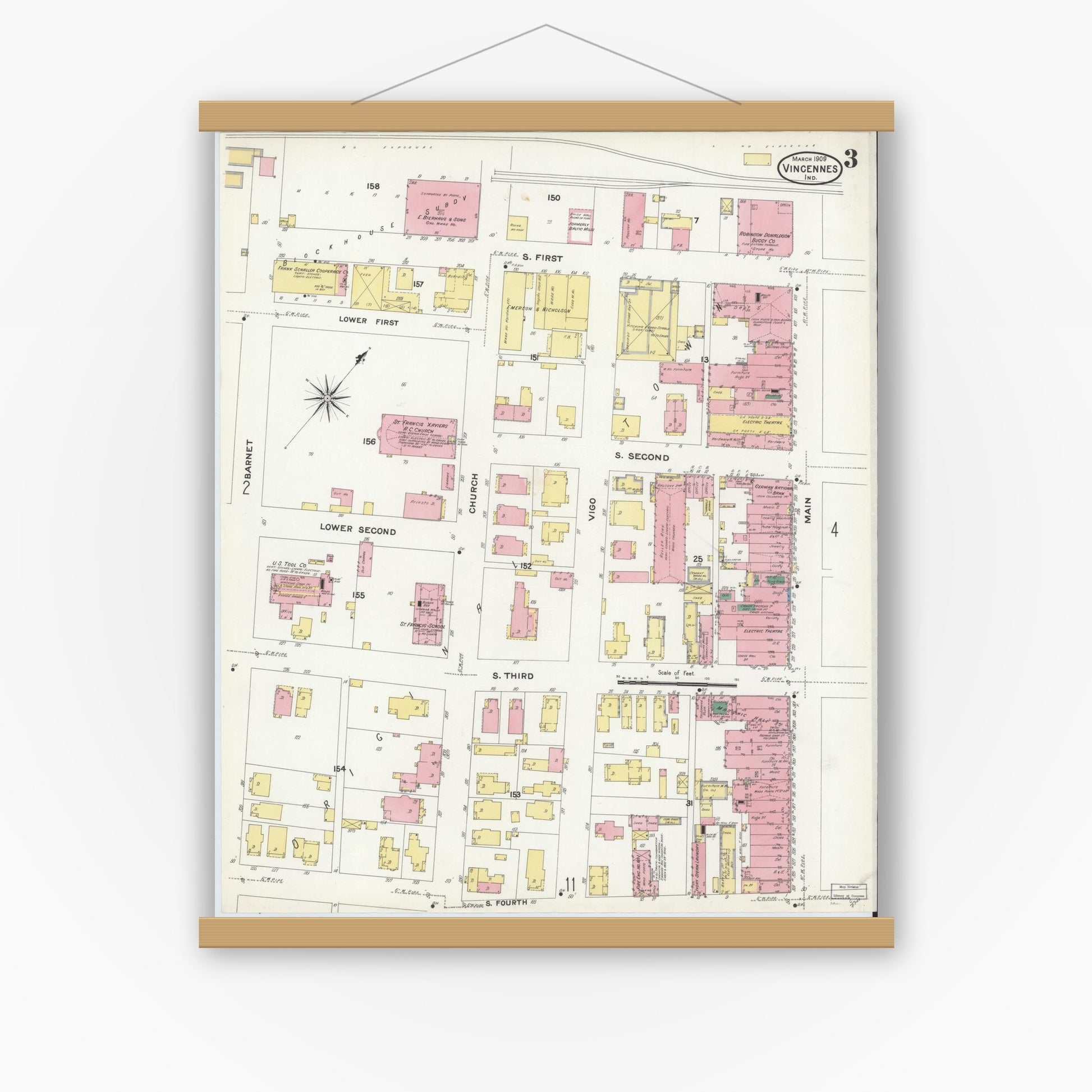 Old map wall art mockup — magnetic wood frame on white wall — Sanborn Fire Insurance Map from Vincennes, Knox County, Indiana (1909), Sheet #0003