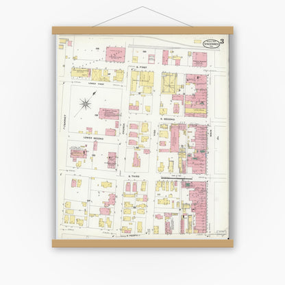 Old map wall art mockup — magnetic wood frame on white wall — Sanborn Fire Insurance Map from Vincennes, Knox County, Indiana (1909), Sheet #0003