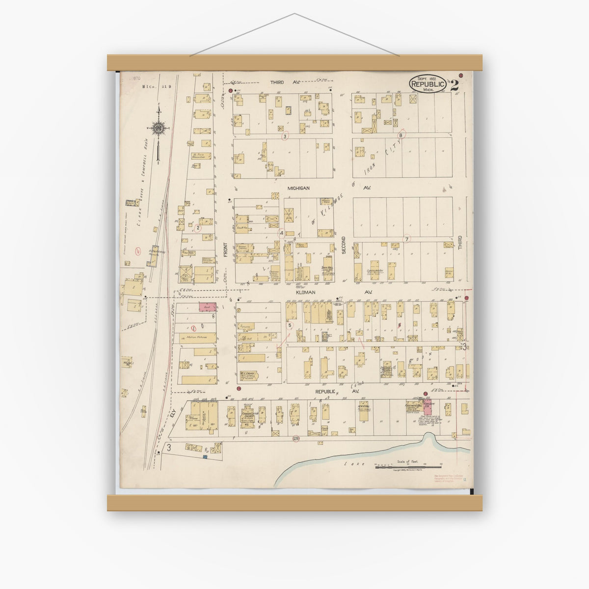 Old map wall art mockup — magnetic wood frame on white wall — Sanborn Fire Insurance Map from Republic, Marquette County, Michigan (1922), Sheet #0002