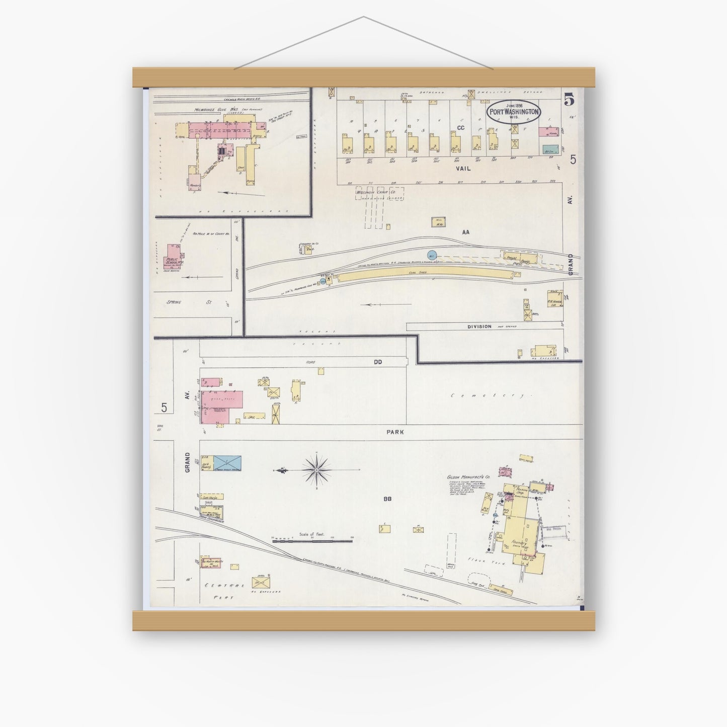 Old map wall art mockup — magnetic wood frame on white wall — Sanborn Fire Insurance Map from Port Washington, Ozaukee County, Wisconsin (1898), Sheet #0005