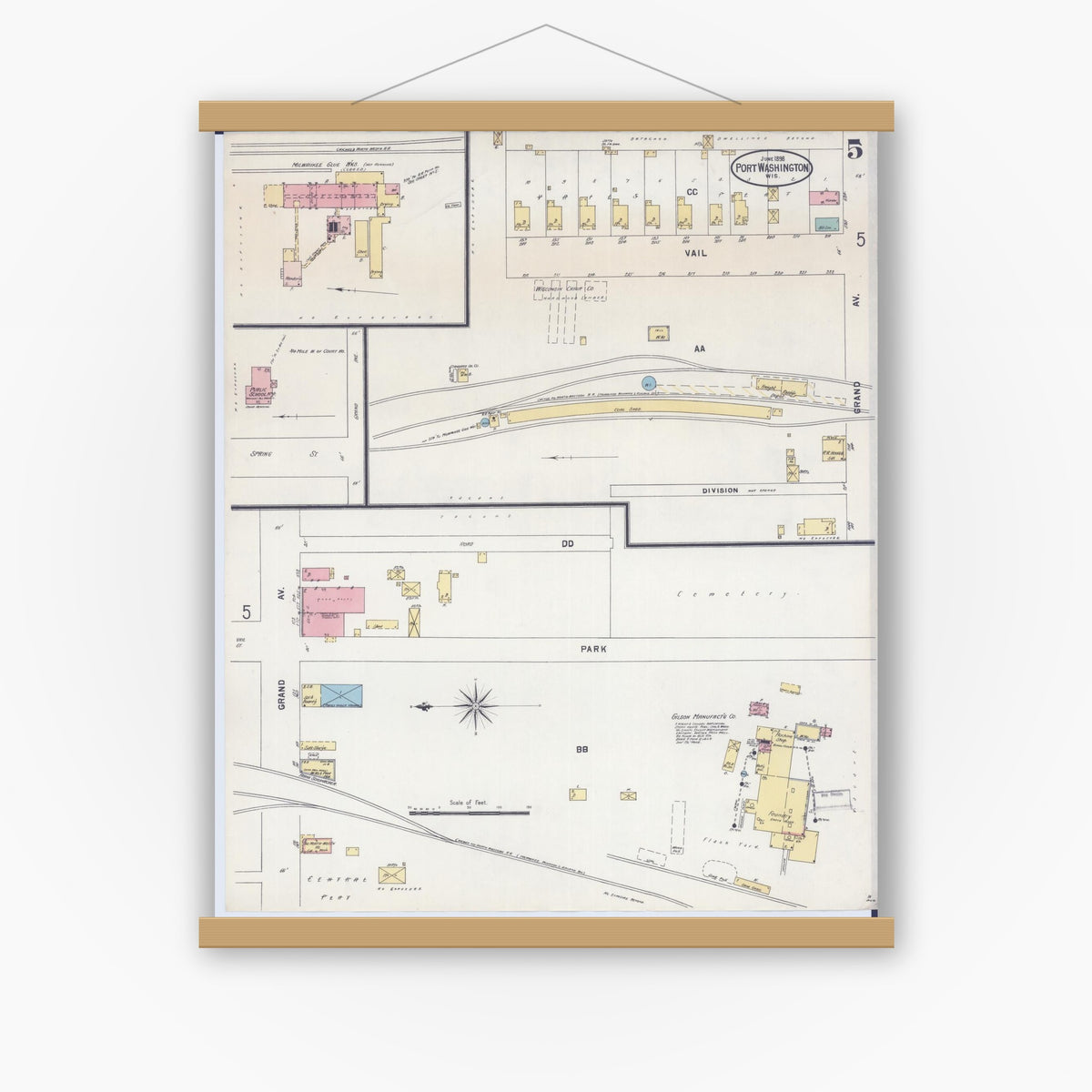 Old map wall art mockup — magnetic wood frame on white wall — Sanborn Fire Insurance Map from Port Washington, Ozaukee County, Wisconsin (1898), Sheet #0005