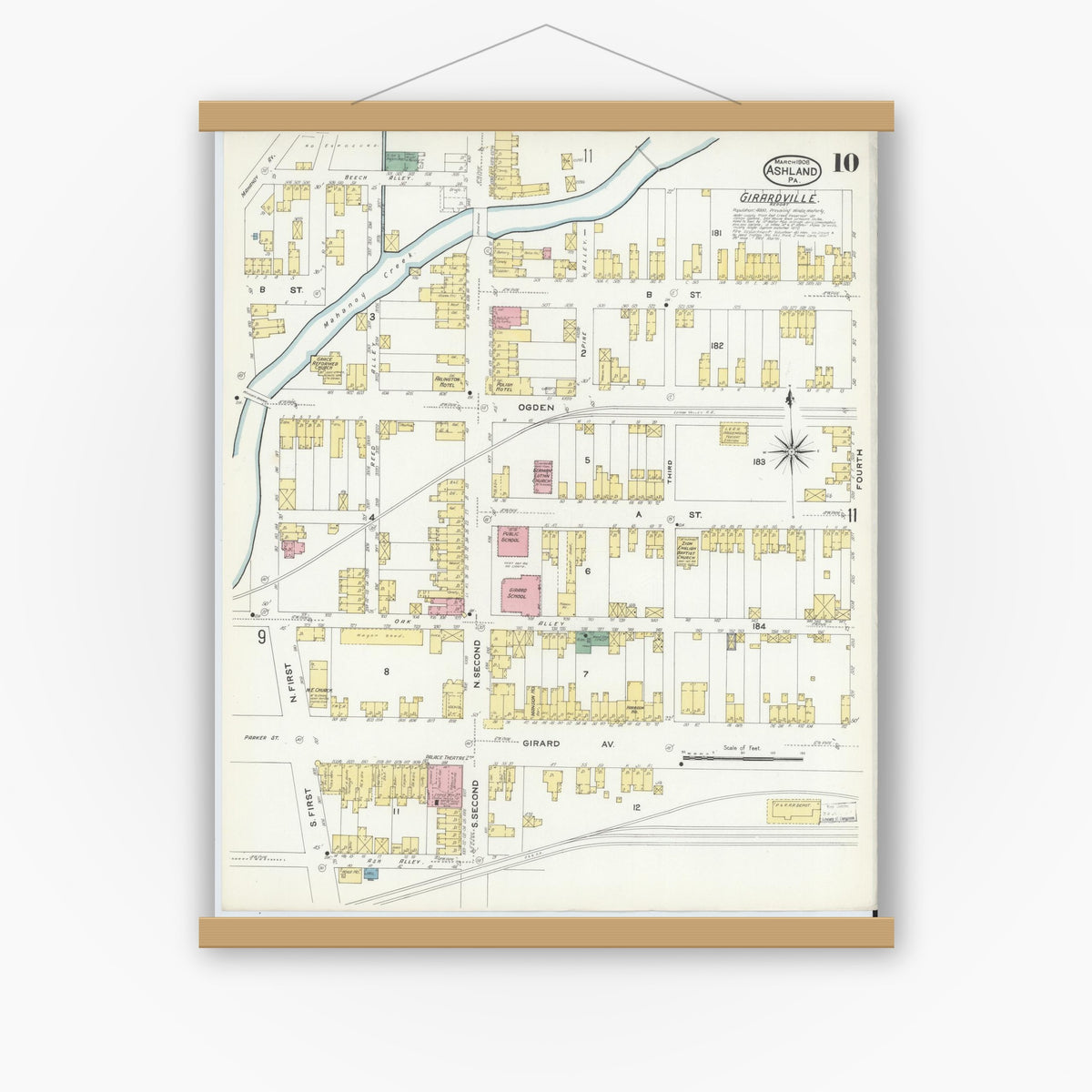 Old map wall art mockup — magnetic wood frame on white wall — Sanborn Fire Insurance Map from Ashland, Schuylkill County, Pennsylvania (1908), Sheet #0010
