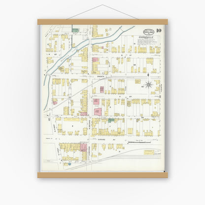 Old map wall art mockup — magnetic wood frame on white wall — Sanborn Fire Insurance Map from Ashland, Schuylkill County, Pennsylvania (1908), Sheet #0010